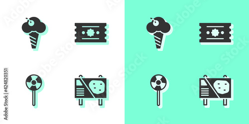 Set Amusement park billboard, Ice cream in waffle cone, Lollipop and Ticket icon. Vector