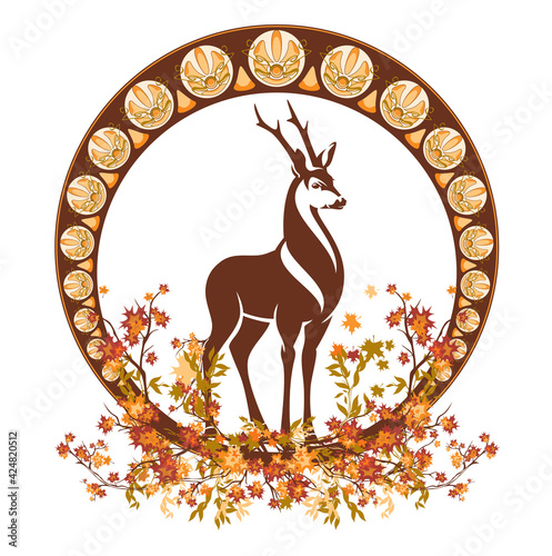 art nouveau style autumn season decorative vector frame with wild deer stag among falling leaves and tree branches