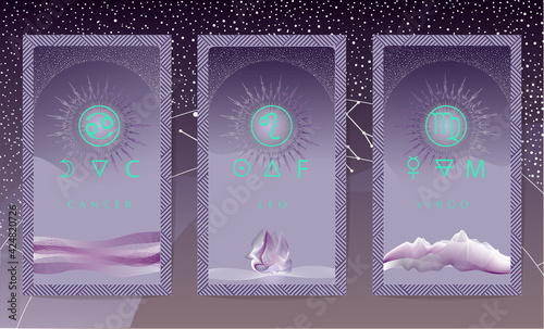 Zodiac astrology horoscope cards. Horoscope esoteric template icons with sci-fi look for wall print poster isolated. Cancer, Leo, Virgo signs