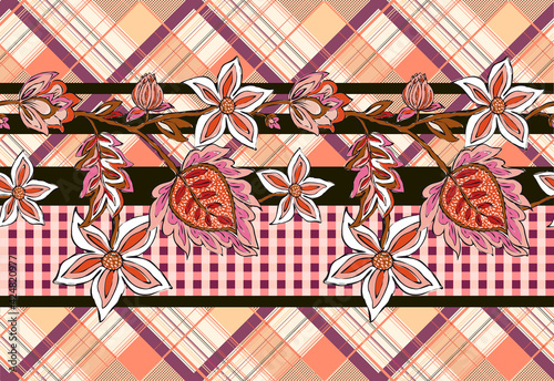 Floral pattern in borders with diagonal plaid in background, perfect for textiles and decoration