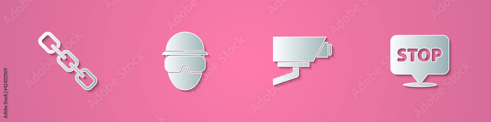 Set paper cut Chain link, Special forces soldier, Security camera and Protest icon. Paper art style. Vector Set paper cut Chain link, Special forces soldier, Security camera and Protest icon. Paper art style. Vector