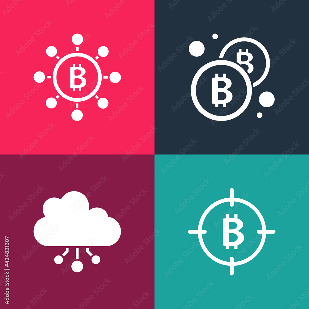 Set pop art Bitcoin in the target, Cryptocurrency cloud mining, and Blockchain technology icon. Vector Set pop art Bitcoin in the target, Cryptocurrency cloud mining, and Blockchain technology icon. Vector