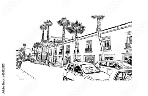Building view with landmark of Durango is the 
city in Mexico. Hand drawn sketch illustration in vector.