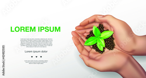 Human realistic hands hold and care for a young green plant, Seedlings grow from abundant soil, plant a tree, reduce global warming, grow a tree, love nature, World Environment Day Vector