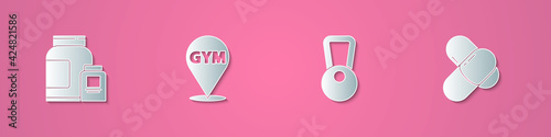 Set paper cut Sports nutrition, Location gym, Kettlebell and icon. Paper art style. Vector