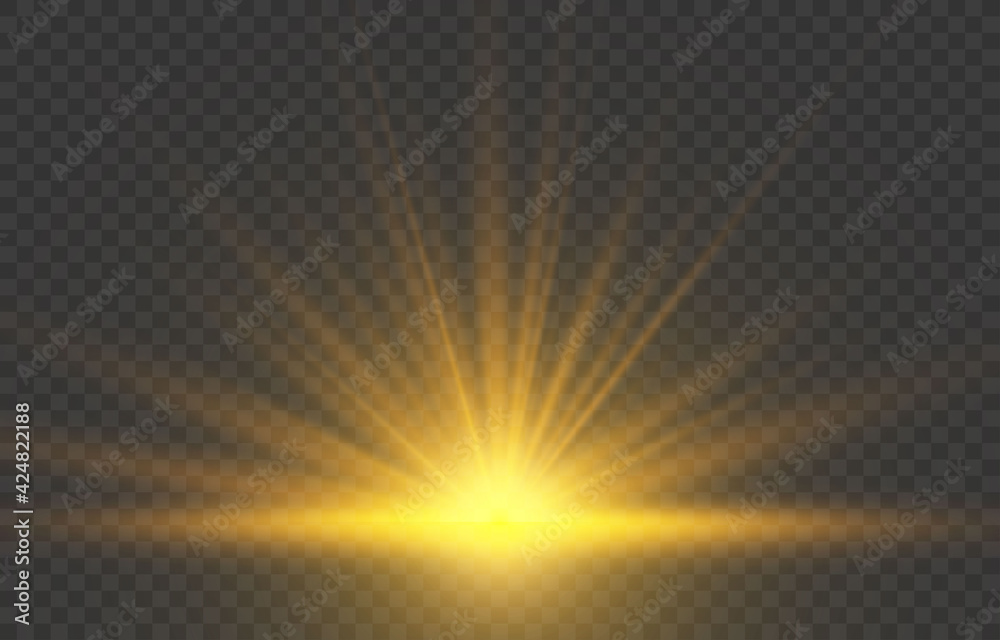 Realistic sunrise lighting. Yellow sun rays and glow on transparent background. Glowing light burst explosion. Flare effect decoration with ray sparkles. Vector illustration