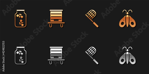 Set Fireflies bugs in a jar, Hive for bees, Butterfly net and icon. Vector