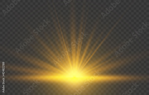 Realistic sunrise lighting. Yellow sun rays and glow on transparent background. Glowing light burst explosion. Flare effect decoration with ray sparkles. Vector illustration