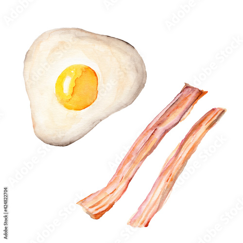 Watercolor scrambled eggs and bacon painted on a white background . Clip-art illustration.