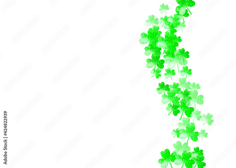Saint patricks day background with shamrock. Lucky trefoil confetti. Glitter frame of clover leaves. Template for poster, gift certificate, banner. Dublin saint patricks day backdrop.