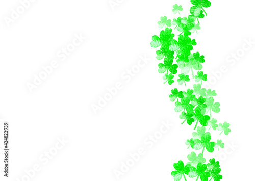 Saint patricks day background with shamrock. Lucky trefoil confetti. Glitter frame of clover leaves. Template for poster, gift certificate, banner. Dublin saint patricks day backdrop.