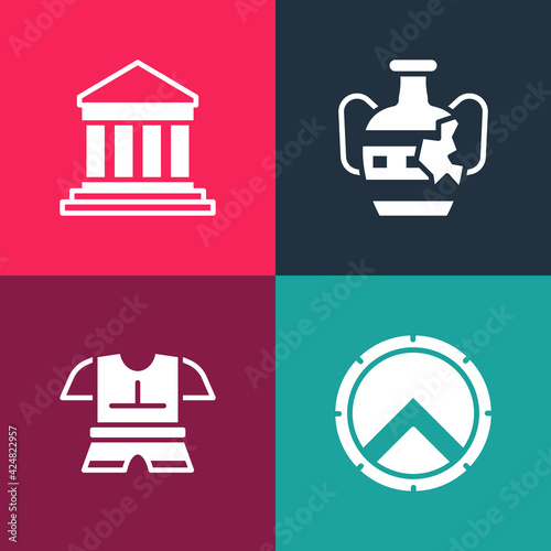 Set pop art Greek shield, Body armor, Broken amphorae and Parthenon icon. Vector