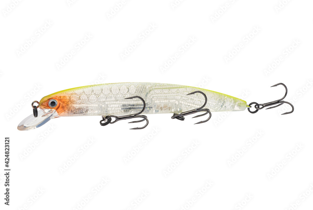 Wobbler with hooks for fishing as bait for fish, which is used for spinning. Fishing tackle for a fisherman. Wobbler with hooks for fishing as bait for fish, which is used for spinning. Fishing tackle for a fisherman.