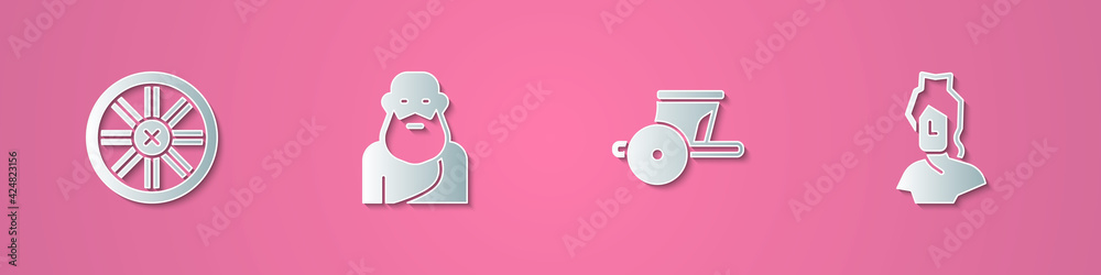 Set paper cut Old wooden wheel, Socrates, Ancient chariot and bust sculpture icon. Paper art style. Vector Set paper cut Old wooden wheel, Socrates, Ancient chariot and bust sculpture icon. Paper art style. Vector