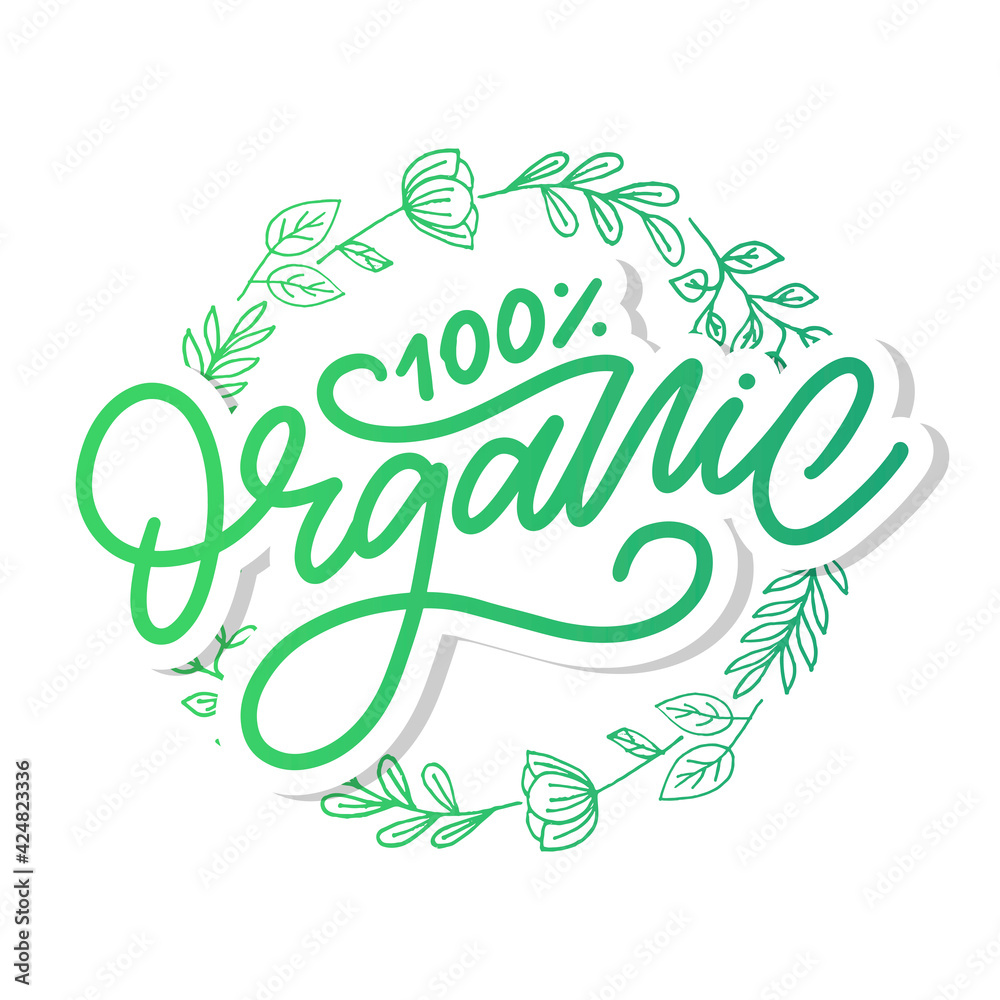 Organic brush lettering. Hand drawn word organic with green leaves. Label, logo template for organic products, healthy food markets.