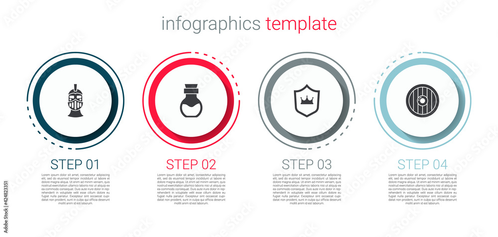 Set Medieval iron helmet, Poison in bottle, Shield with crown and Round wooden shield. Business infographic template. Vector Set Medieval iron helmet, Poison in bottle, Shield with crown and Round wooden shield. Business infographic template. Vector
