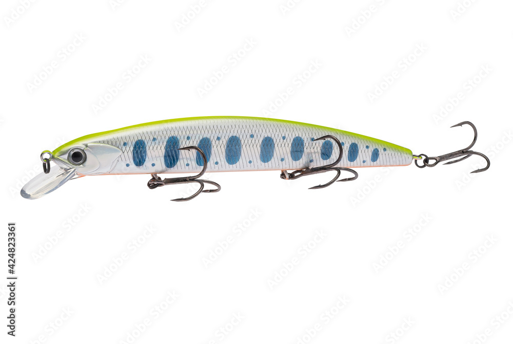 Wobbler with hooks for fishing as bait for fish, which is used for spinning. Fishing tackle for a fisherman. Wobbler with hooks for fishing as bait for fish, which is used for spinning. Fishing tackle for a fisherman.
