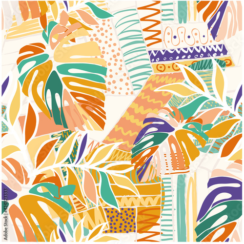 Tropical pattern design with flat monstera leaves in multicolored hand drawn and fun mosaic background