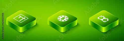Set Isometric Casino chip with dollar, Time chess clock and Bingo icon. Vector