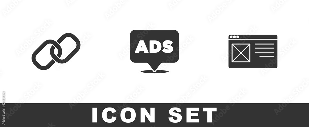 Set Chain link, Advertising and Browser window icon. Vector Set Chain link, Advertising and Browser window icon. Vector