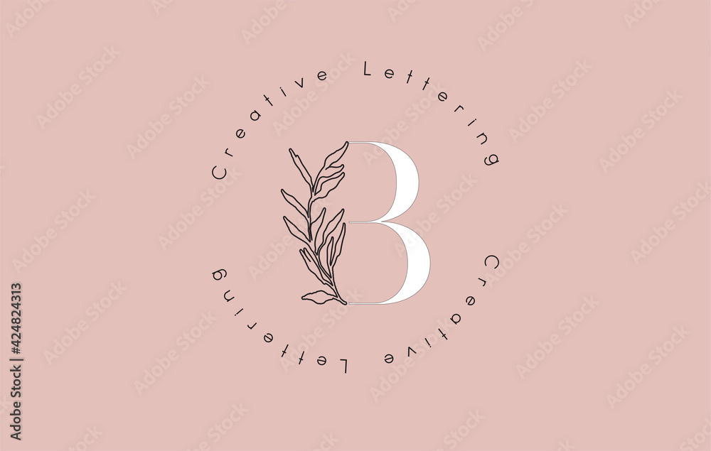White Letter B Logo with circle lettering design and outline leaves and pastel backgound.