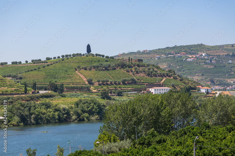 View at the Douro river on Regua, typical landscape of the highlands in the north of Portugal, levels for agriculture of Porto wine vineyards