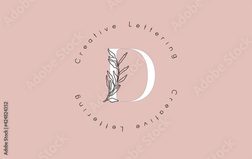 White Letter D Logo with circle lettering design and outline leaves and pastel backgound.