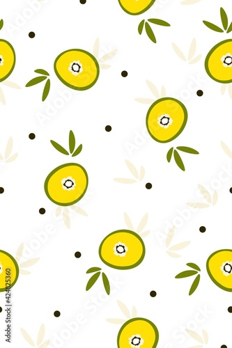 Fruit summer pattern. Seamless bright tropical pattern with leaves on a light background. Bright kitchen, home decor, healthy food design. Decoration for typography, textiles, packaging. Vector.