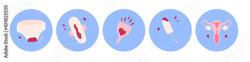 Set of icons about menstruation. Menstruation cup, panty, tampon, uterus. Can be used as stickers or story highlight covers.
