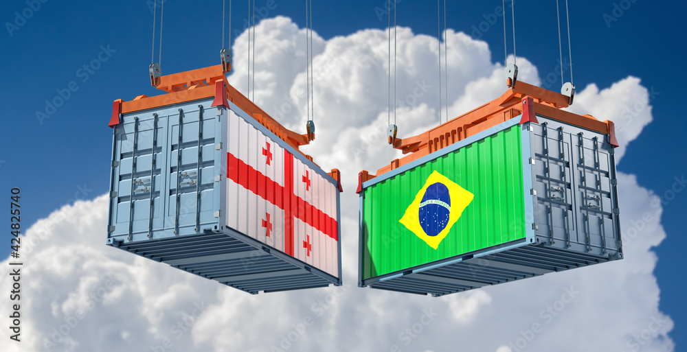 Freight containers with Brazil and Georgia flag. 3D Rendering 