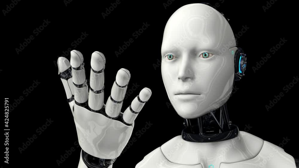 Artificial intelligence. Futuristic humanoid robot moves its head, eyes and scans, studies the movement of his hand. The camera is slowly moving away the robot. On a black background. 3D animation.