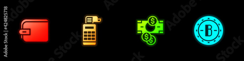 Set Wallet, Cash register machine, Stacks paper money cash and Bitcoin icon. Vector
