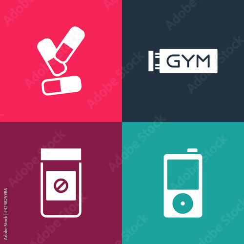 Set pop art Music player, Anabolic drugs, Location gym and Vitamin pill icon. Vector