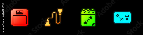 Set Bathroom scales, Chest expander, Calendar fitness and Fitness club, gym card icon. Vector