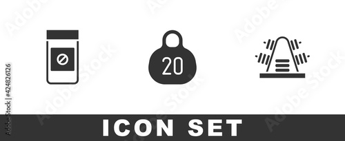 Set Anabolic drugs, Kettlebell and Metal rack with weights icon. Vector