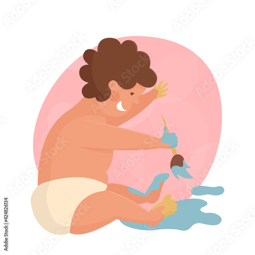 Little white curly toddler boy sits on floor with brush in his hands and draws. Brawler pours paint and rejoices. Flat illustration of child contaminated with paint for banner, poster, advertising