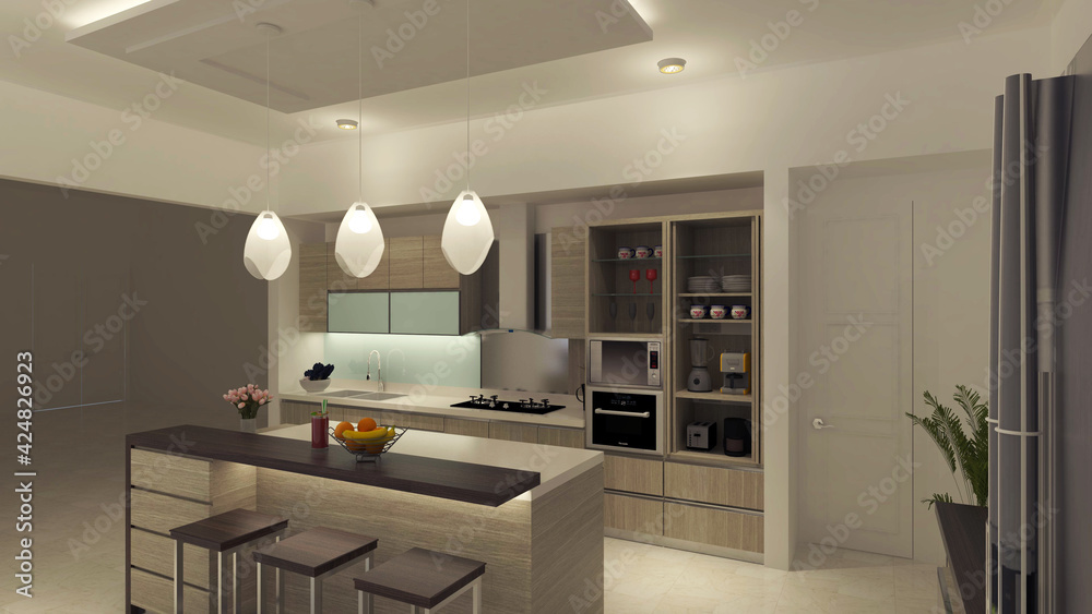 Kitchen Cabinet and Dining room design with minimalist island bar table and pendant lamp decoration. 