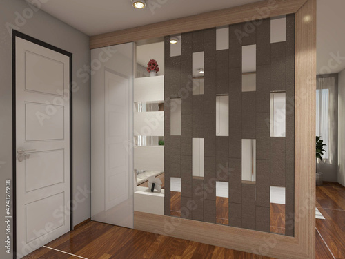 Fényképezés Wooden wall panel and partition with glass mirror ornament.