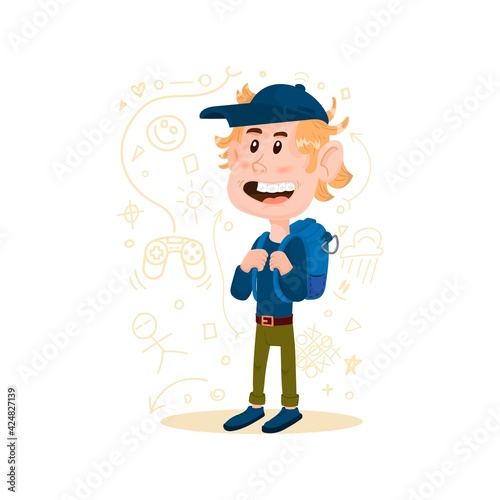 Boy with a backpack behind his back, flat cartoon character.