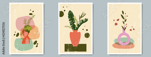 Hand Draw Pottery Vase Set with Tropical Plants and Geometric Shape. Trendy Collage for Decoration at Grunge Background