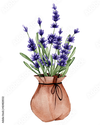 Floral watercolor illustration of lavender in a pouch. Natural product. Fragrant flowers for stickers, decoration and decor