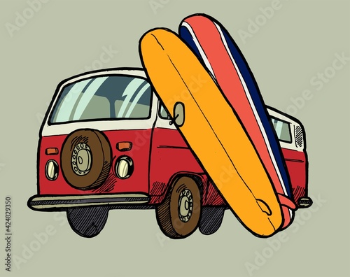 Vintage surfing van with two surfboards isolated vehicle summer sports vector illustration.