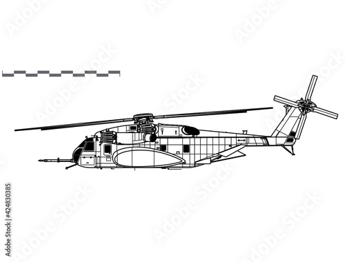 Sikorsky MH-53E Sea Dragon. Vector drawing of mine countermeasures helicopter. Side view. Image for illustration and infographics.