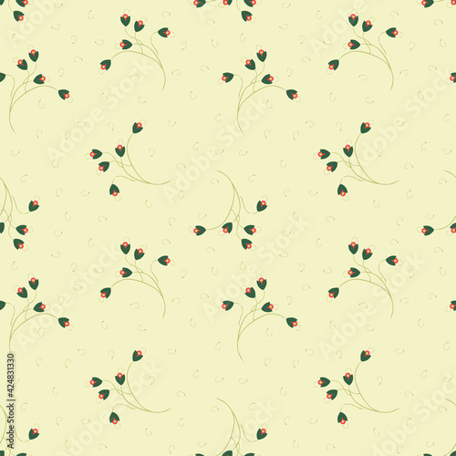 Ditsy background. Vector floral seamless pattern. Abstract ornament texture with simple small flowers on twigs. Liberty style wallpapers on green backdrop. Elegant spring design for decor, fabric