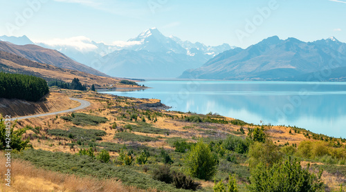 New Zealand road and lake with Mountain in the background