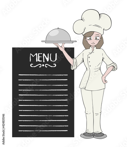 Woman chef and menu list draw