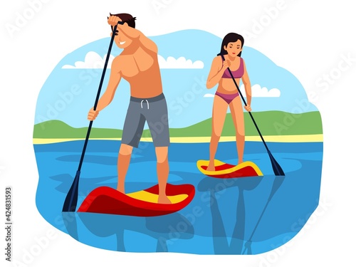People rowing and surfing, extreme sport adventure. Man and woman in water on sup boards in summer. Outdoor risky recreation and exercise vector illustration. Healthy lifestyle in nature