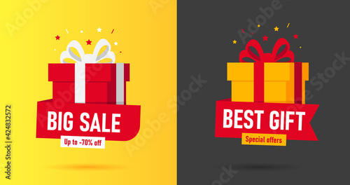 Promo banners with gift boxes and folded paper with advertising discount copy, bright simple illustrations icon style