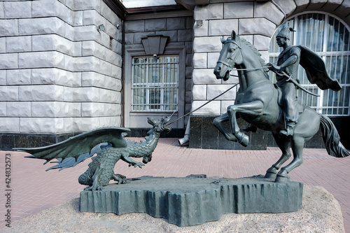 Sculpture of a horse riding cossack conquers a serpent in Kyiv Ukraine