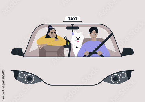 City taxi service, two characters and a dog riding a car, a windshield view